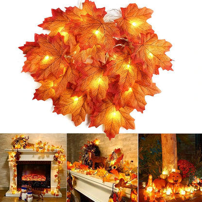 Lighted maple leaf garland on a fall mantel