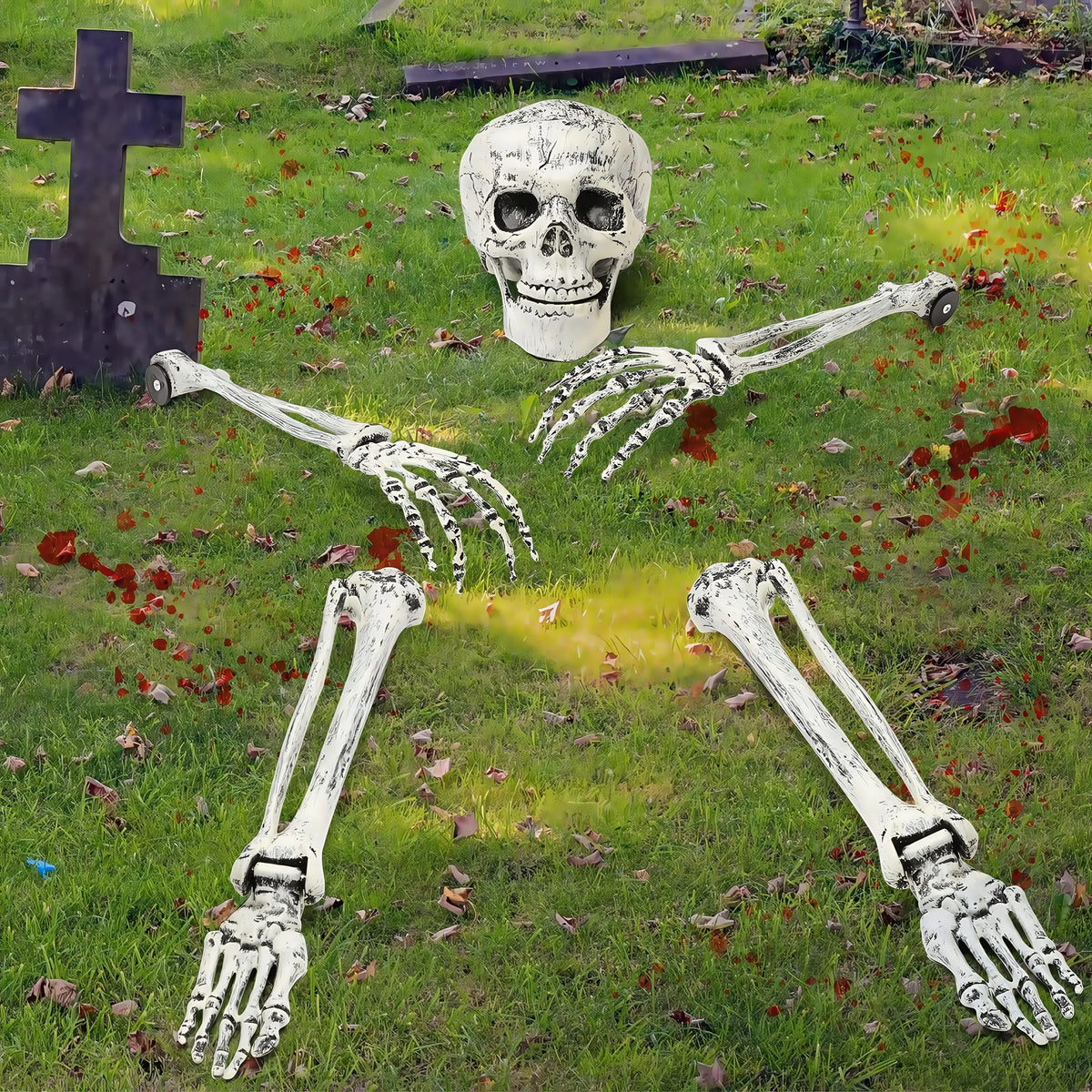 Groundbreaker skeleton rising from the grass by a tombstone
