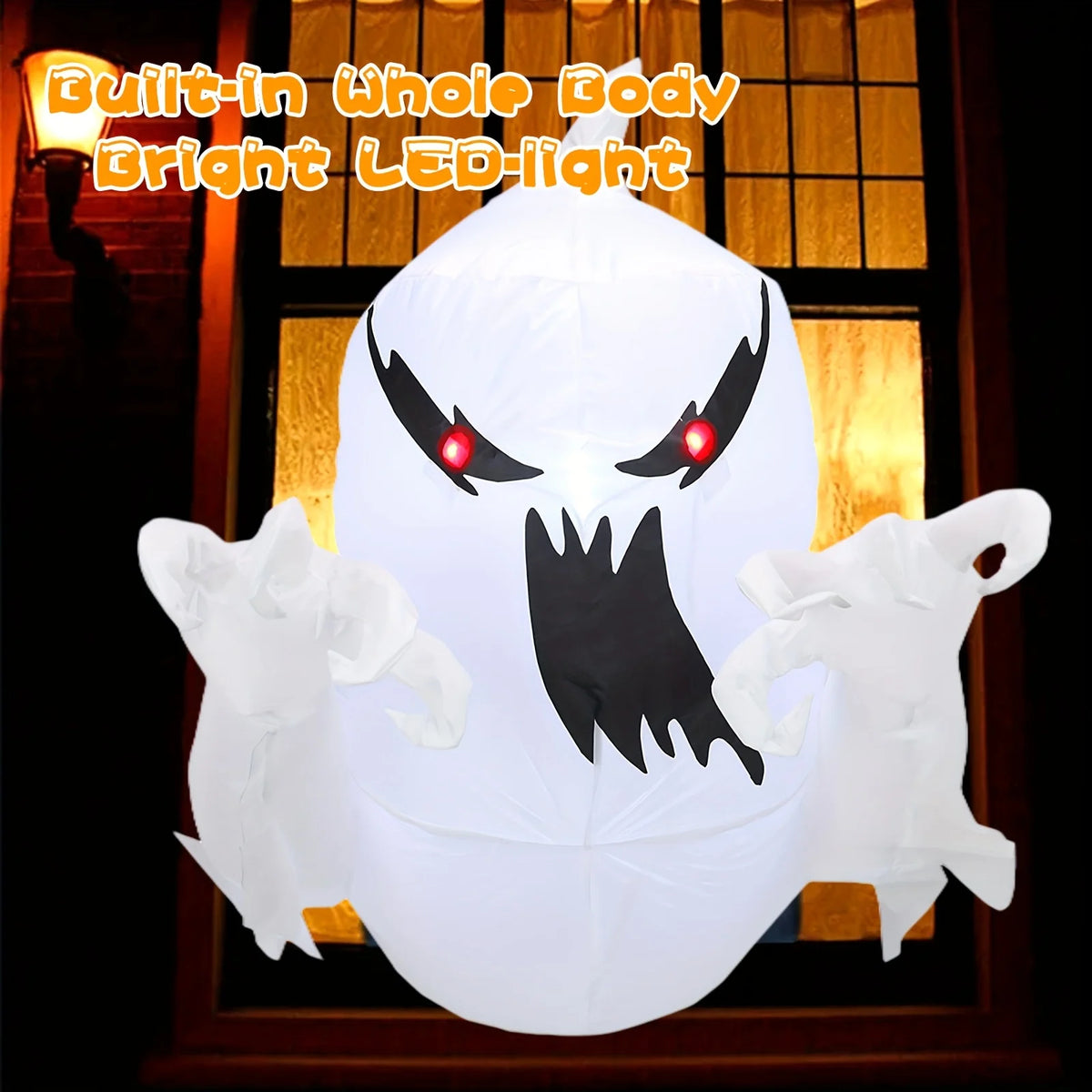 Built-in LED lights glow through the ghost