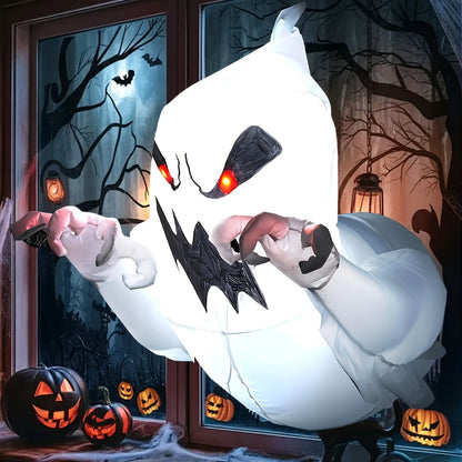 Inflatable LED ghost bursting out of a house window at night