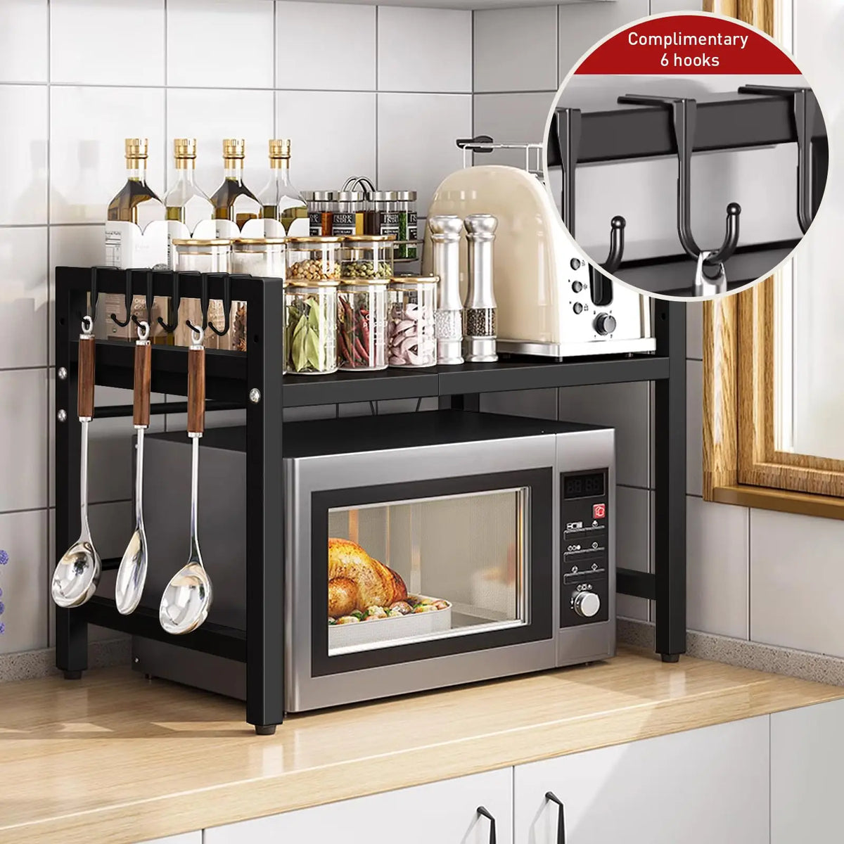 Expandable microwave shelf organizer in kitchen