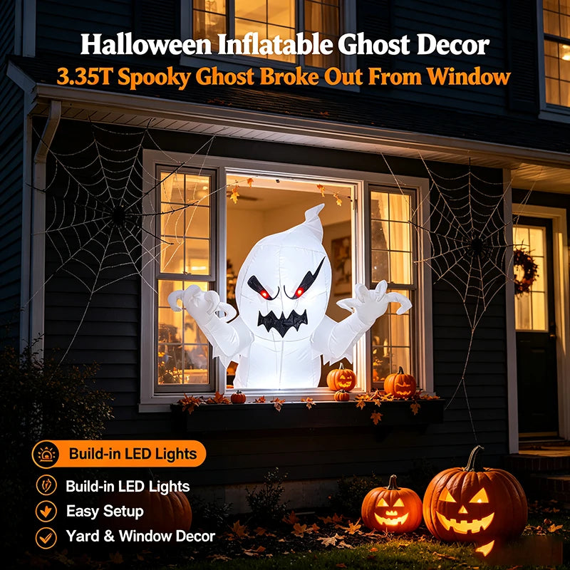 Halloween inflatable window ghost on a house front with pumpkins