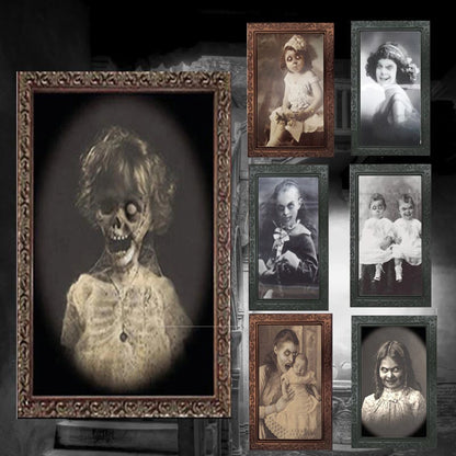 Haunted portraits displayed on a wall