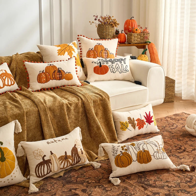 Set of fall embroidered pillow covers