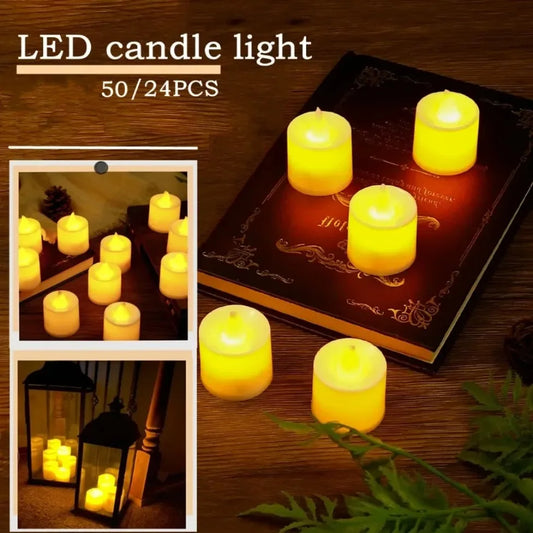 Flameless LED tea lights glowing on a table