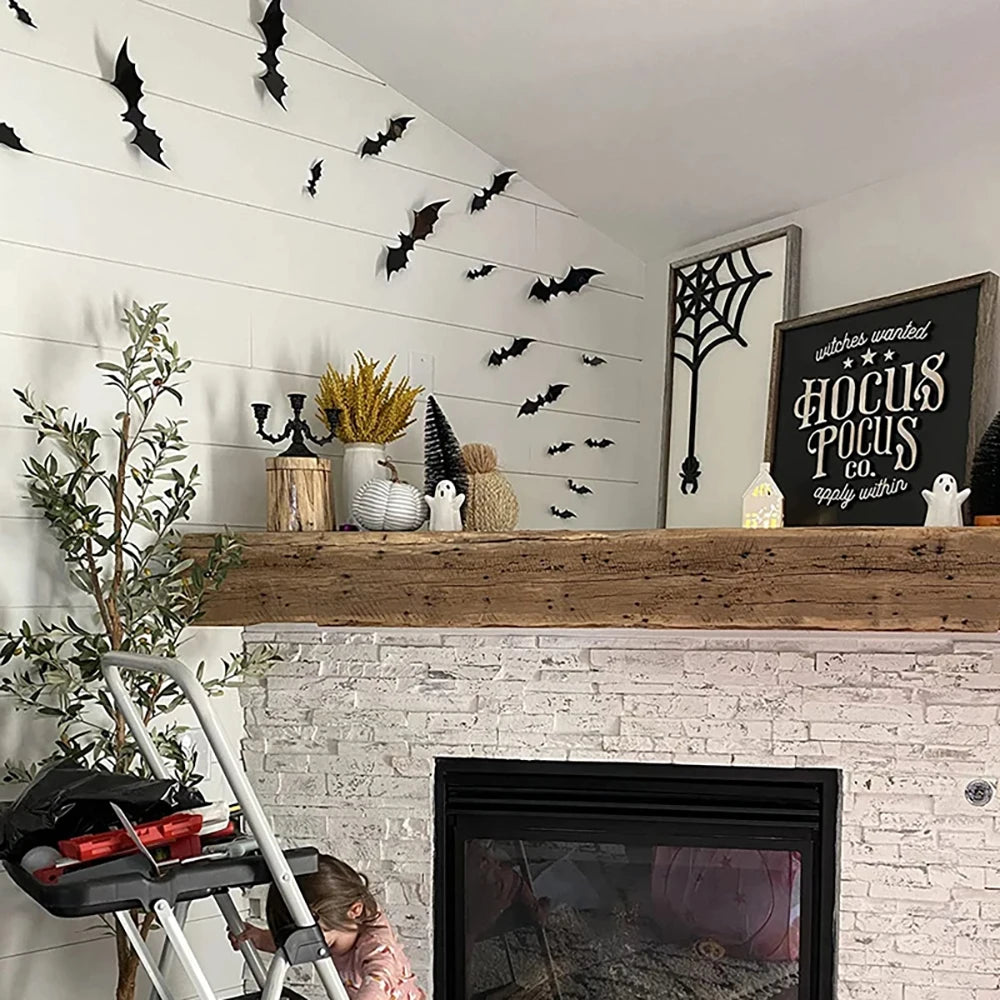 3D black bats flying across a living room wall above a fireplace