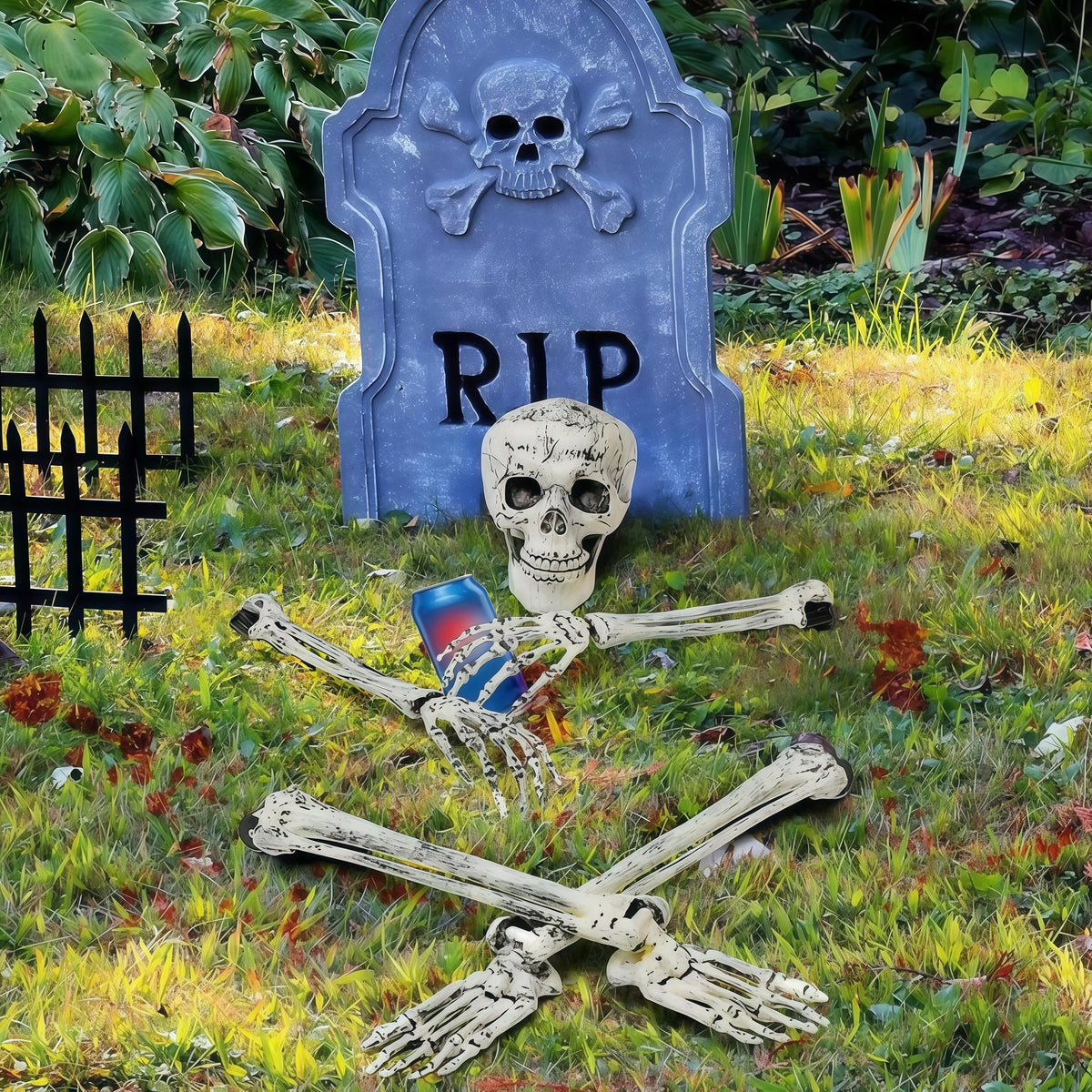 Skeleton pieces posed on lawn