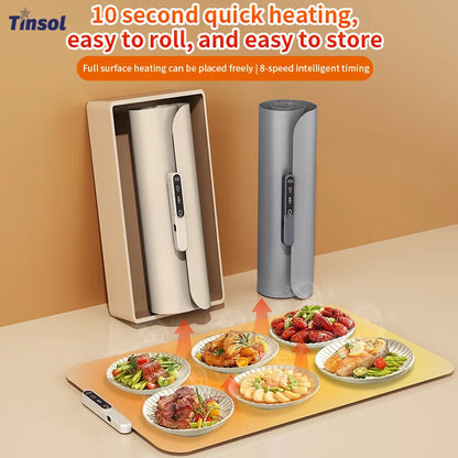 Electric food warming mat with dishes on a dining table