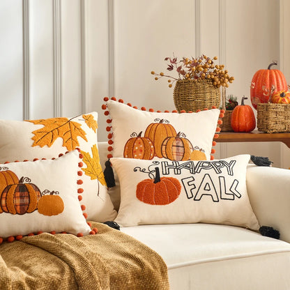 Pumpkin and leaf pillow covers with throw blanket