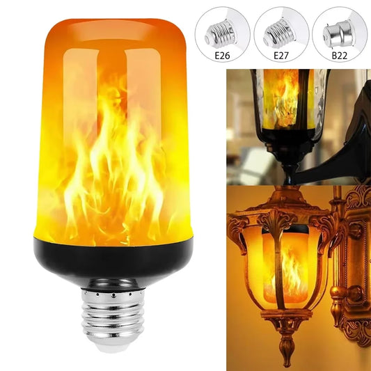 LED flame effect bulb glowing in lantern sconces