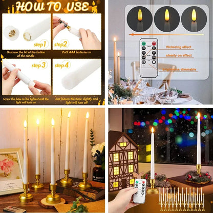 LED taper candles lit in candlesticks