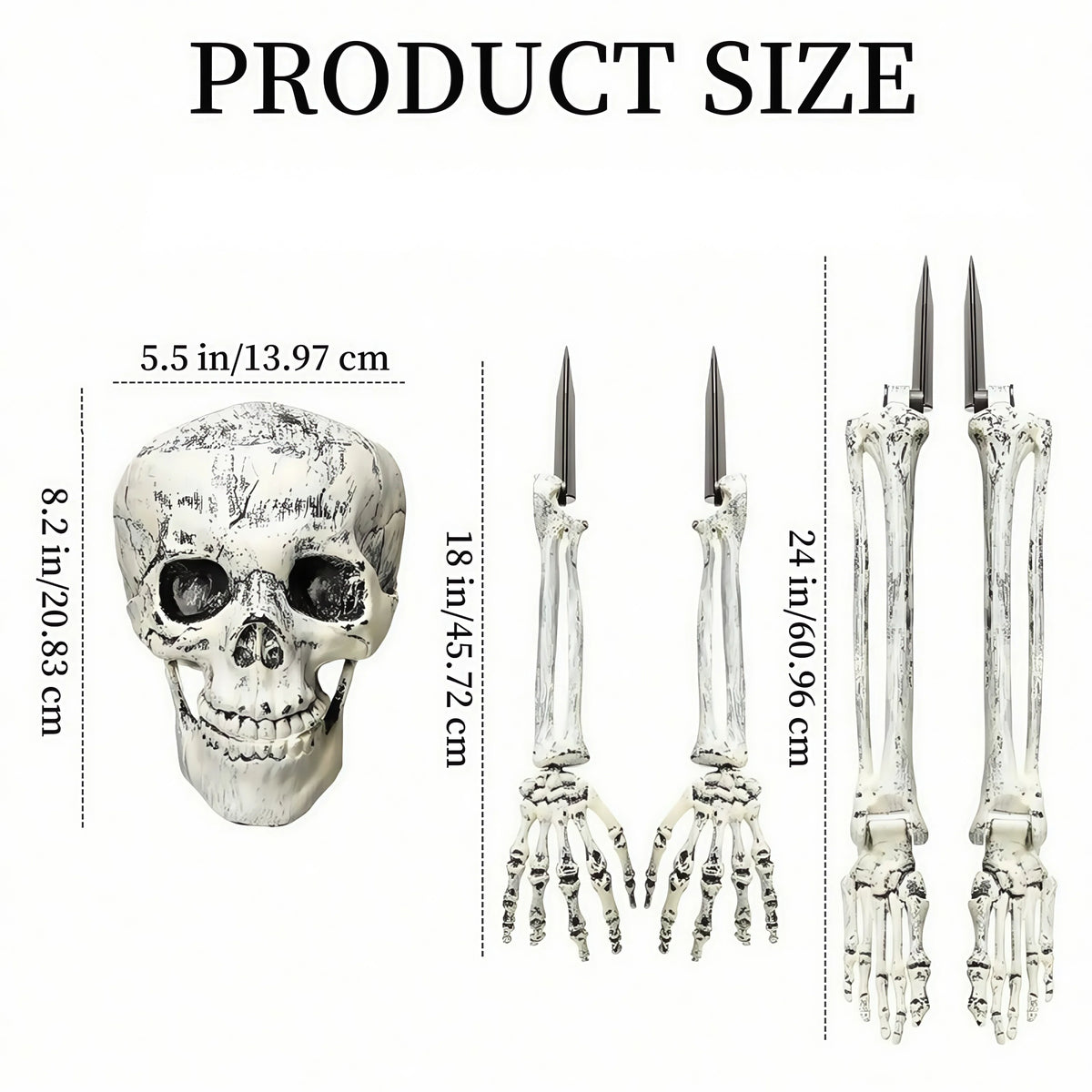 Size chart: skull 8 in, arms 18 in, legs 24 in