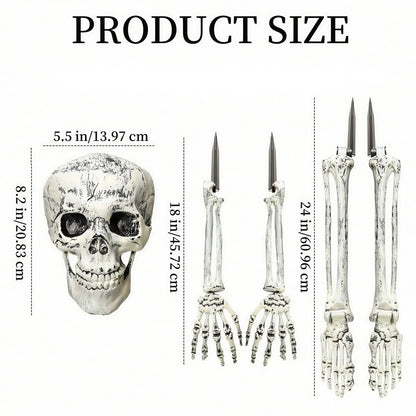 Size chart: skull 8 in, arms 18 in, legs 24 in