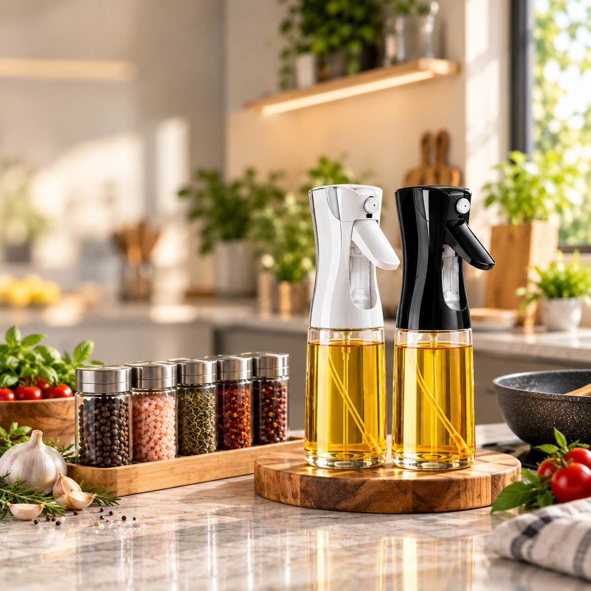 Wolf Vive kitchen essentials — glass oil sprayers and spice jars on a sunlit marble counter